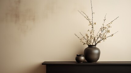 The stylish composition of minimalistic interior with copy space.  Black commode, vase with dried flowers, sculpture and personal accessories. Beige wall. Home decor. Template.