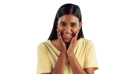 Excited, happy woman or portrait with wow, surprise and smile for winning isolated on png background. Transparent, sales offer or female Indian person with motivation, announcement and achievement