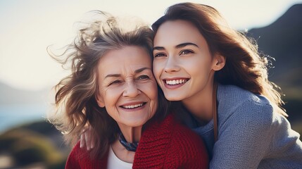 Two smiling women of different ages looking at different side holding hand closeup portrait. Young girl cuddling snuggling mom.  Relation between parent and adult kid - obrazy, fototapety, plakaty