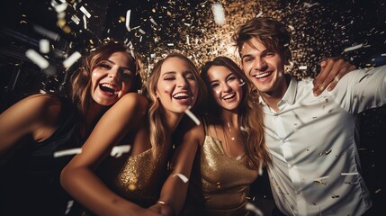 Obraz premium Two beautiful young couples having fun at New Year's Eve Party