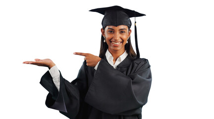 Graduation, graduate or portrait of student pointing to education, college or university deal. Smile, palm or happy Indian woman advertising scholarship offer isolated on transparent png background