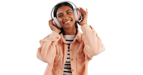 Headphone, happy or Indian woman listening to music, podcast or radio audio on subscription. Smile, transparent or female person streaming a song or sound isolated on png background on mobile app