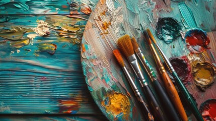 Brushes and Colors on Wooden Palette