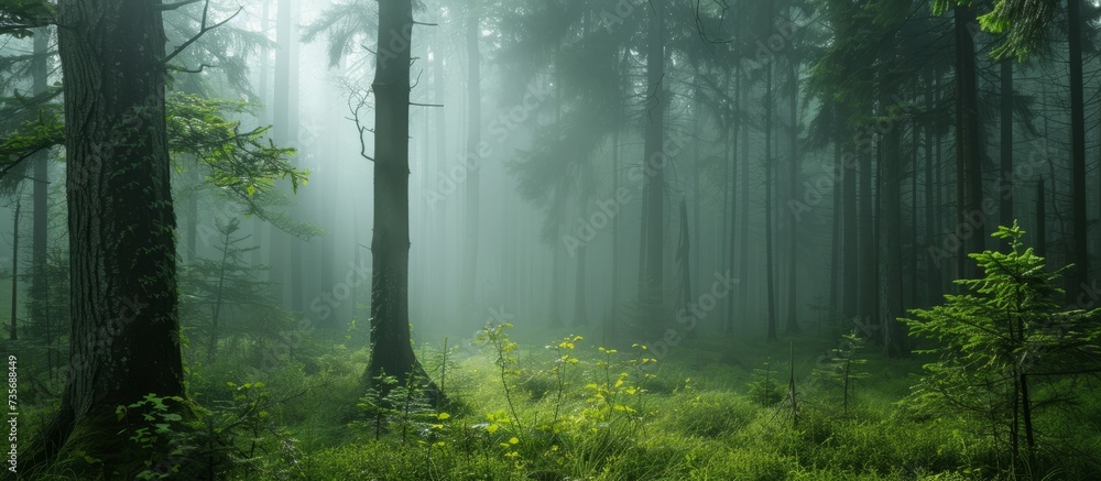 Sticker peaceful lush green forest with tall trees under bright sunlight and clear blue sky