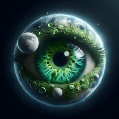 Eye of God with planet and moon in space. 3D rendering. AI Generated