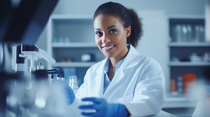 Young african american woman scientist holding pills at laboratory