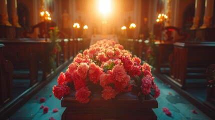 Vibrant Flowers on Coffin in Church Aisle Sunlight