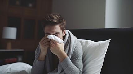 Young ill man lying in bed at home