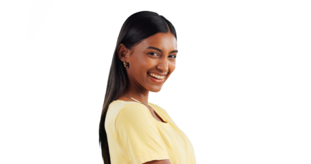 Indian, woman and smile in portrait for happiness, casual clothes and fashion on png transparent background. Excited face, yellow tshirt and simple style with young model, positivity and confidence