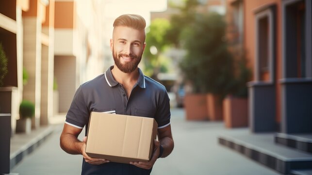 Young hispanic man courier giving package at street