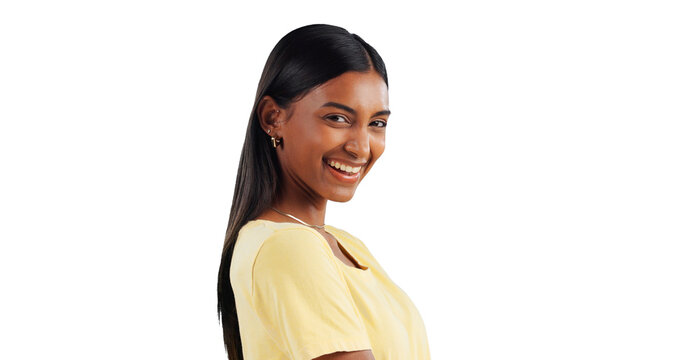 Indian, woman and smile in portrait for happiness, casual clothes and fashion on png transparent background. Excited face, yellow tshirt and simple style with young model, positivity and confidence