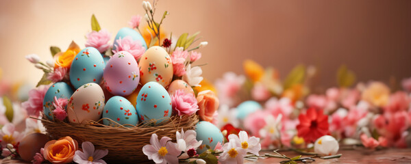 Basket of Easter Eggs with Flowers