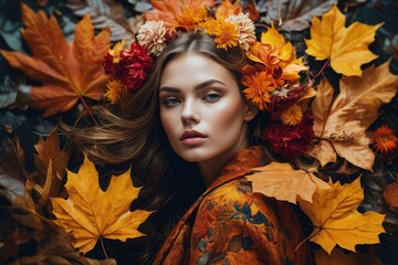 Obraz na płótnie Canvas Beautiful girl in yellow autumn leaves around 