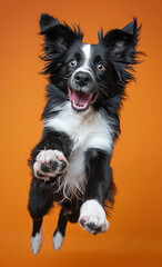 Joyful Border Collie Jumping on Orange Background