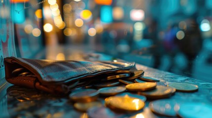 Financial Impact: Empty Wallet and Scattered Coins Against Rising Price Tags
