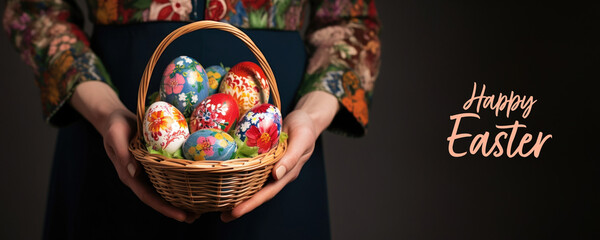 Easter Basket with colorful eggs, Fictional Character Created By Generated AI.