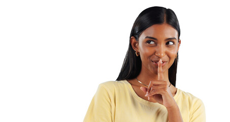 Woman, thinking and hand on lips for secret to whisper in transparent, isolated or png background....