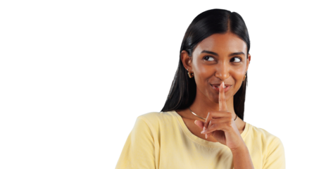 Woman, thinking and hand on lips for secret to whisper in transparent, isolated or png background. Happy, girl or person gesture to shush for privacy of drama, news and smile for gossip story or idea