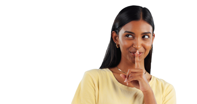 Woman, thinking and hand on lips for secret to whisper in transparent, isolated or png background. Happy, girl or person gesture to shush for privacy of drama, news and smile for gossip story or idea