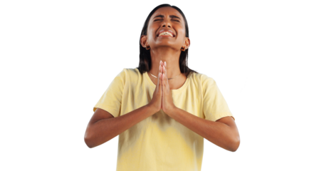 Woman, praying and desperate with hope and anxiety, worship in faith and trust in God on png transparent background. Stress, sorry and forgiveness, spiritual and religion for pain and healing