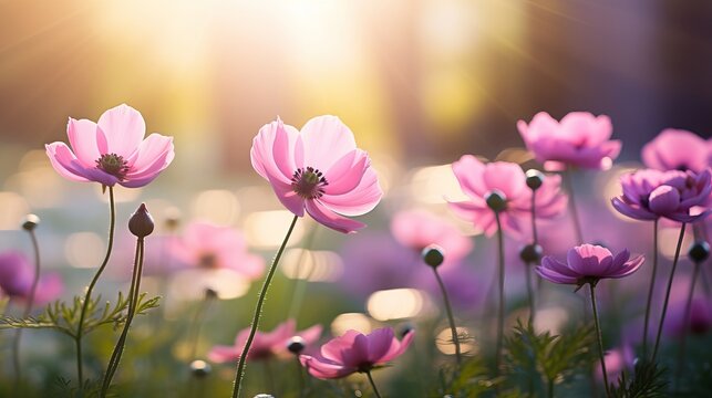 Beautiful pink flower anemones fresh spring morning on nature and fluttering butterfly on soft green background, macro. Spring template, elegant amazing artistic image, free space