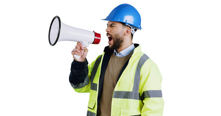 Speech, megaphone and angry with man construction worker isolated on transparent background for...