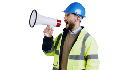Speech, megaphone and angry with man construction worker isolated on transparent background for management. Architect, building and engineering with unhappy designer shouting instructions on PNG