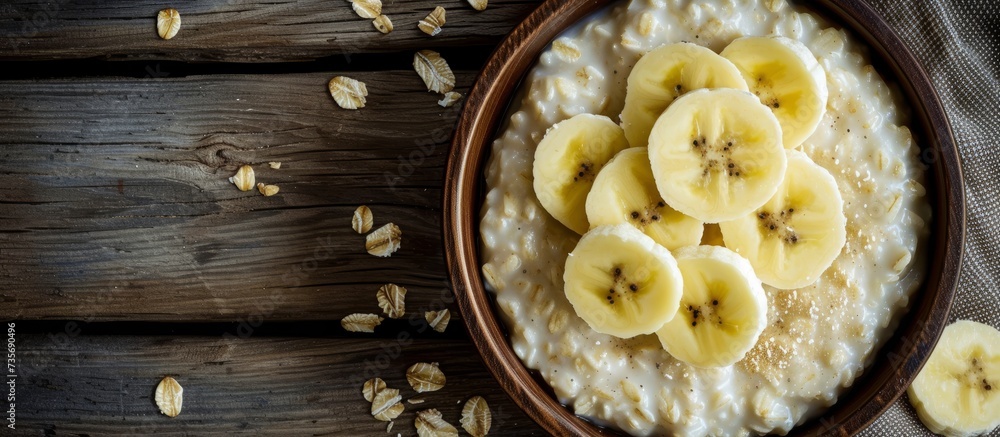 Wall mural A healthy breakfast option: delicious bowl of oats topped with ripe bananas and crunchy nuts - Wall murals