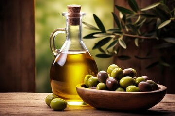 Fresh olives in a bowl with a bottle of extra virgin olive oil against olive trees in the background.
