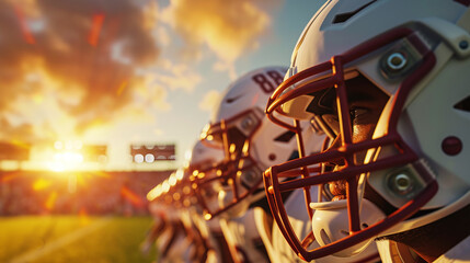 Focused Football Players in Helmets at Sunset