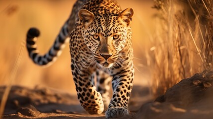 Botswana wildlife. Leopard, Panthera pardus shortidgei, grass walk nature habitat, big wild cat in the nature habitat, sunny day on the savannah, Okavango delta Botswana. Wildlife nature, Africa - obrazy, fototapety, plakaty