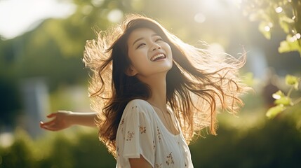 Carefree asian girl laughing and dancing in park, enjoying summer sunny day, raising hands up and breathing fresh air