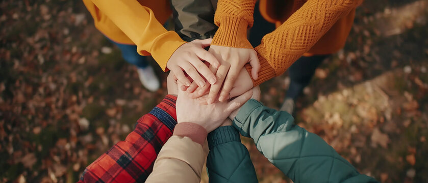 Team Unity with Hands Together in Nature