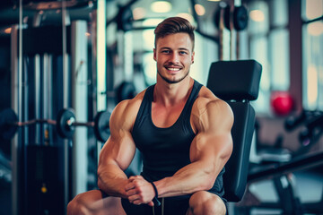 Fototapeta na wymiar Smiling Muscular Man Sitting in Modern Gym