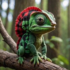 Fototapeta premium Ultra Cute Baby Chameleon in Green Black Plaid Pattern