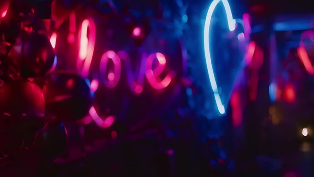 A neon sign spelling out Love in cursive takes center stage in a sea of modern art pieces.