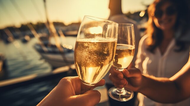 Cropped image of group of friends relaxing on luxury yacht and drinking champagne. Having fun together while sailing in the sea. Traveling and yachting concept