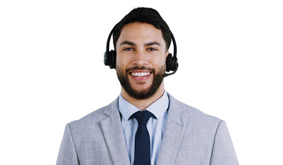 Call center, portrait or happy man consulting for contact us, faq or crm on isolated, transparent...