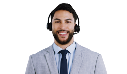 Call center, portrait or happy man consulting for contact us, faq or crm on isolated, transparent or png background. Telemarketing, face or lead generation consultant with friendly help or load guide