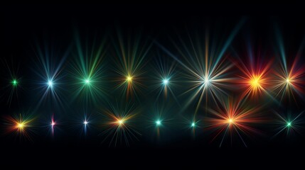 Easy to add lens flare effects for overlay designs or screen blending mode to make high-quality images. Set of abstract sun burst, digital flare, iridescent glare over black background