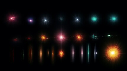 Easy to add lens flare effects for overlay designs or screen blending mode to make high-quality images. Set of abstract sun burst, digital flare, iridescent glare over black background