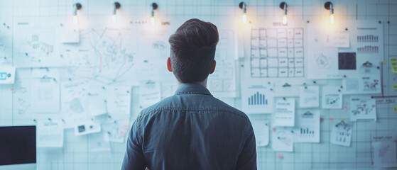 Strategist Analyzing Project Plans on Wall