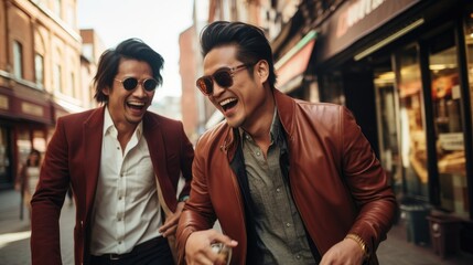 Two Fashionable Asian Men Laughing Joyfully in City. - obrazy, fototapety, plakaty