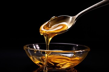 close up of honey melting in a spoon on a black background