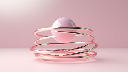 Floating ball with golden ring and orbital sphere. Pink color. 3d render