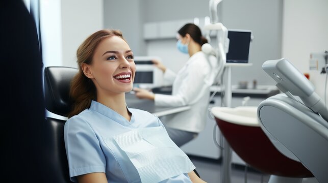 Female dentist in dental office talking with female patient and preparing for treatment