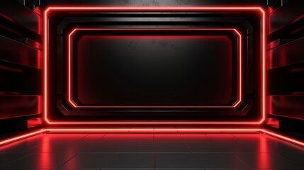 Futuristic sci-fi abstract red neon light shapes on black background and reflective concrete with blank space for 3D text rendering