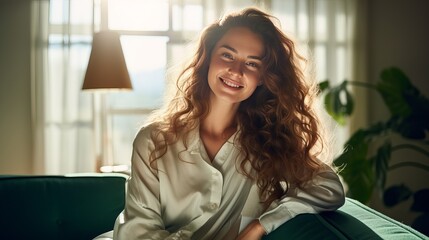 Green Home. relaxed stylish woman with long wavy hair at modern home in sunny day in green pants and grey blouse sitting in a blue armchair - obrazy, fototapety, plakaty