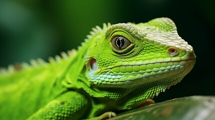 Fototapeta premium Green lizard. Beautiful animal in the nature habitat. detail eye portrait exotic tropic animal in green nature habitat, shallow depth of field. grain image