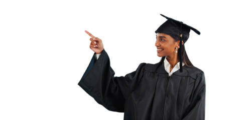 Woman, graduate and pointing for education or campus recommendation for information, registration or choice. Female person, university and isolated transparent png background, presentation or school
